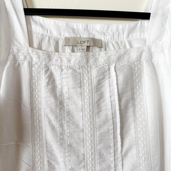 LOFT White Lace Trim Pintuck Square Neck Puff Sleeve Tiered Peplum Blouse Medium - Picture 3 of 7
